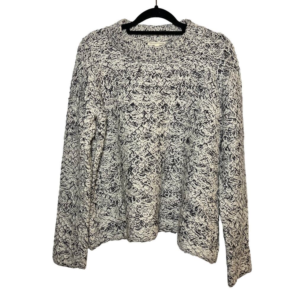 Eileen Fisher Mockneck Sweater White Black Size Medium Cotton Chunky Long Sleeve